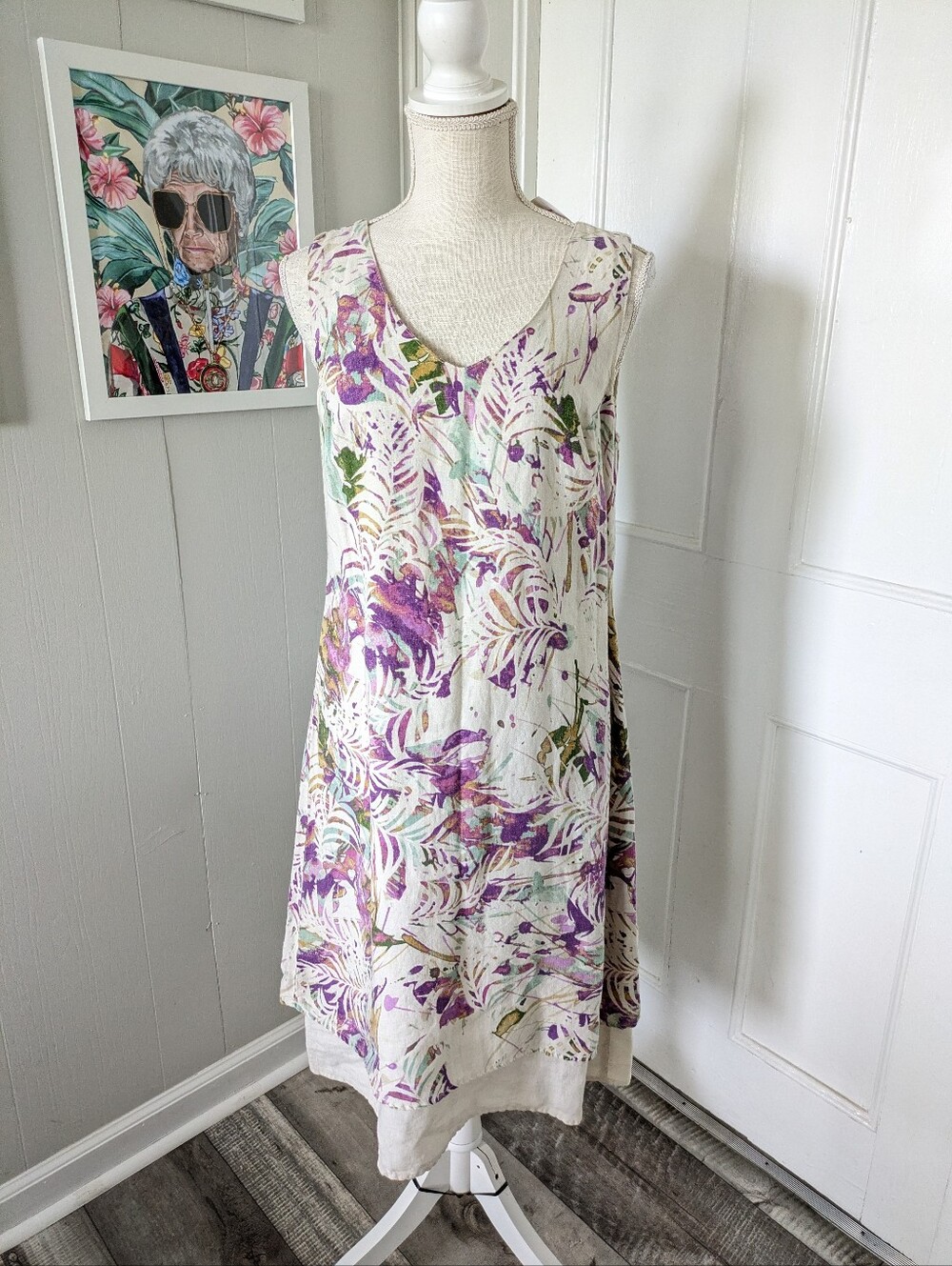 Click Color Me Cotton Linen Midi Sundress S Purple Cream Tropical Sleeveless NWT